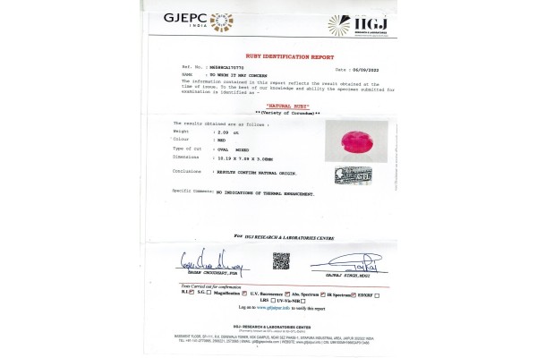 IIGJ Research & Laboratories | GJEPC Report for 2.09 cts Unheated Natural Ruby (Manikya)