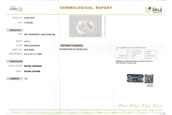 IIGJ Research & Laboratories | GJEPC Report for 4.51 cts Unheated Natural White Sapphire (White Pukhraj)