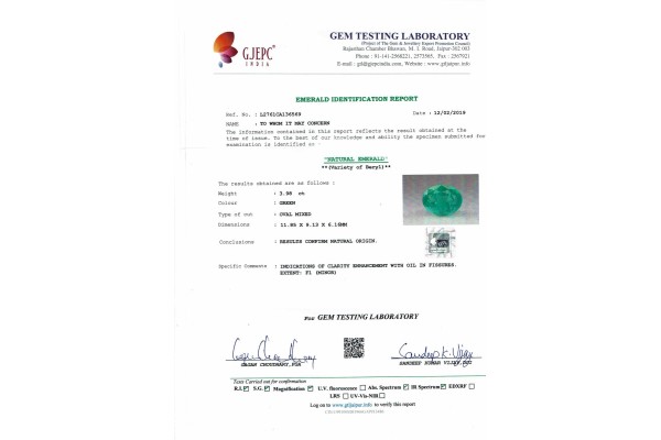 Gem Testing Laboratory | GJEPC Report for 8.11 cts Natural Emerald (Panna) - Earring Pair