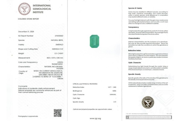 International Gemological Institute Report for 1.51 cts Natural Emerald - Colombia (Panna)