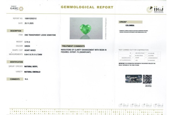 IIGJ Research & Laboratories | GJEPC Report for 3.14 cts Natural Emerald - Colombia (Panna)