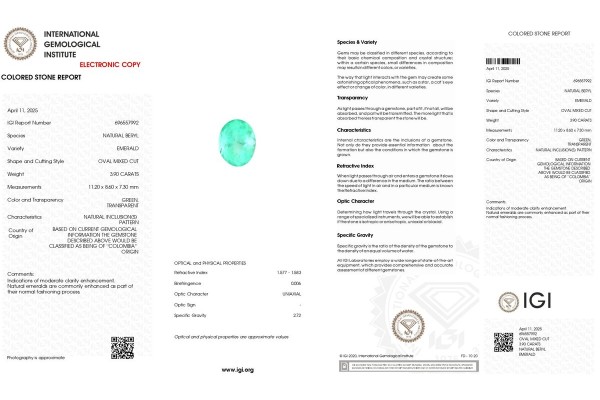 International Gemological Institute Report for 3.90 cts Natural Emerald - Colombia (Panna)
